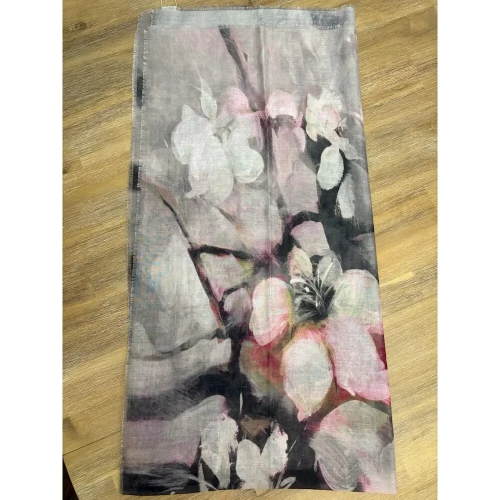 Laura Women’s Scarf Wrap Shawl Gray Floral 100% Polyester Lightweight Fringe